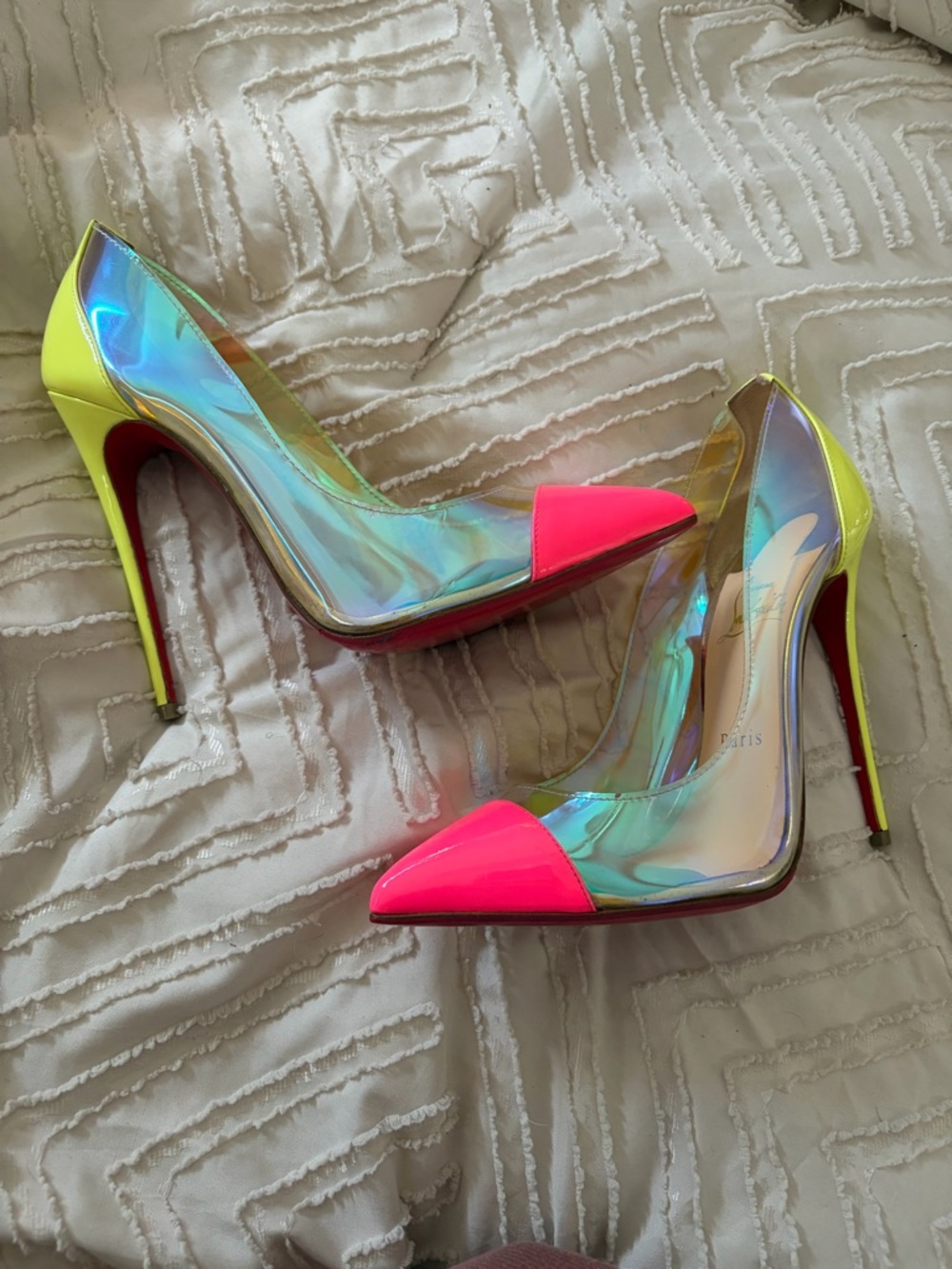 Christian Louboutin Iridescent PVC Pumps with Neon Pink Toe & Neon Yellow Heel